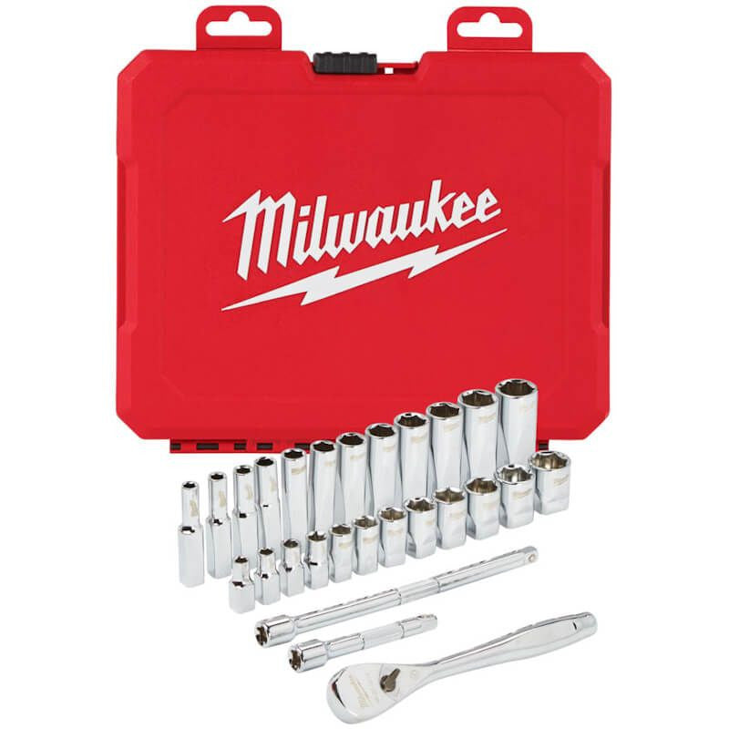 Milwaukee 1/4in Drive 28pc Ratchet & Socket Set Anti-Roll Metric