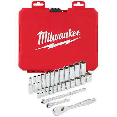 Milwaukee 1/4in Drive 28pc Ratchet & Socket Set Anti-Roll Metric