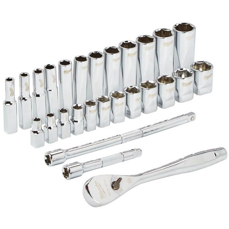 Milwaukee 1/4in Drive 28pc Ratchet & Socket Set Anti-Roll Metric