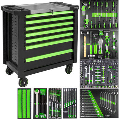 JBM Tools 7 Drawer Tool Trolley w/ Tools XL - Green & Black