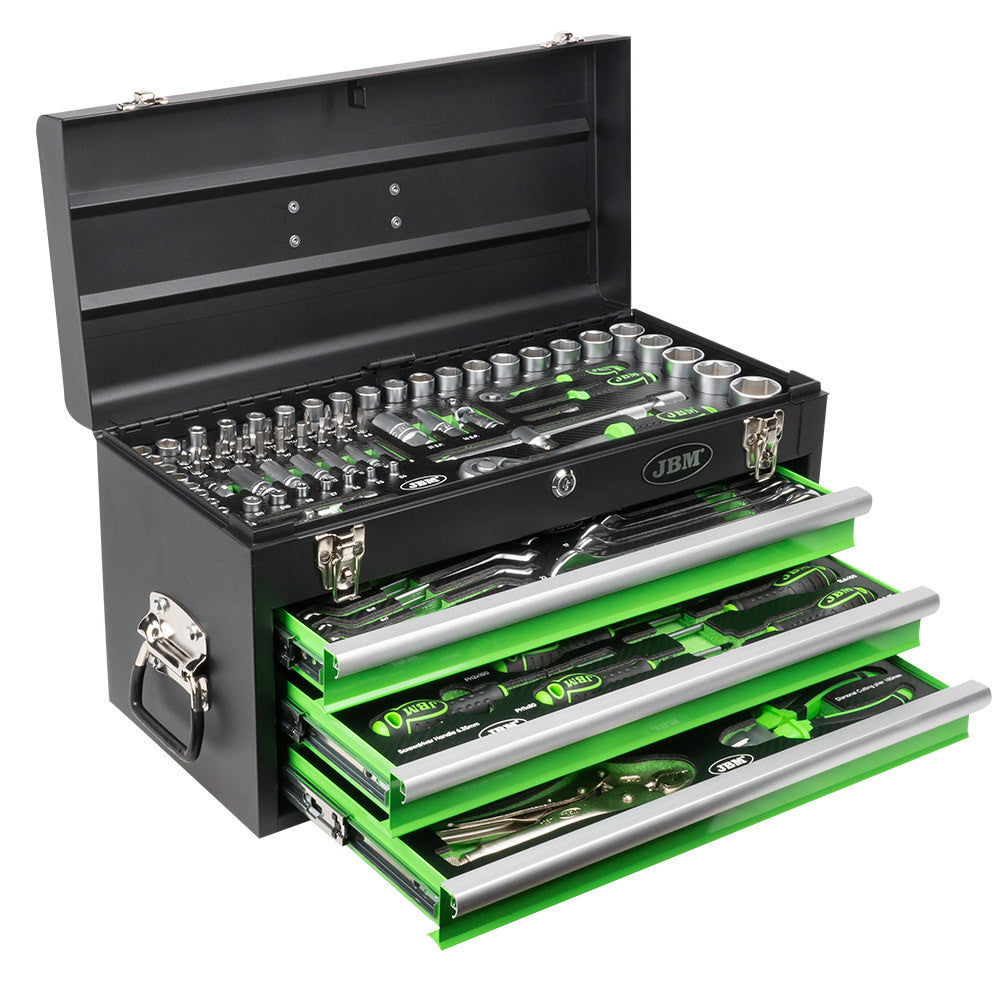JBM Tools Portable Metal Tool Box 3dr with Tools 143pc