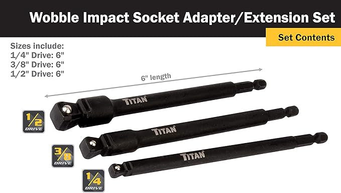 Titan Impact Long Wobble Socket Adapter Set 1/4, 3/8 & 1/2 Drive