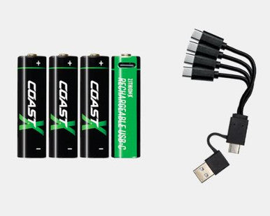 Coast 4pk AA Zithion-X Rechargable Batteries & USB-A/C Cable