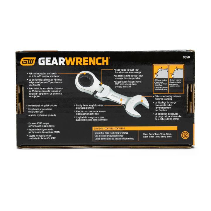 Gearwrench 10pc Stubby Flex Ratcheting Wrench Set Metric 10-19mm
