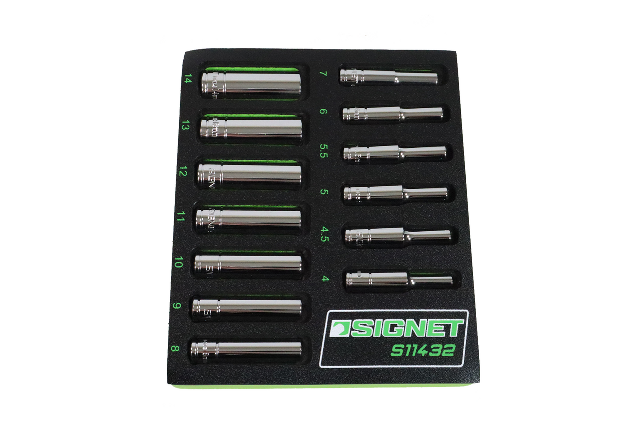 Signet 13pcs 1/4" Drive 6 Point Deep Socket Set 4-14mm in EVA Foam
